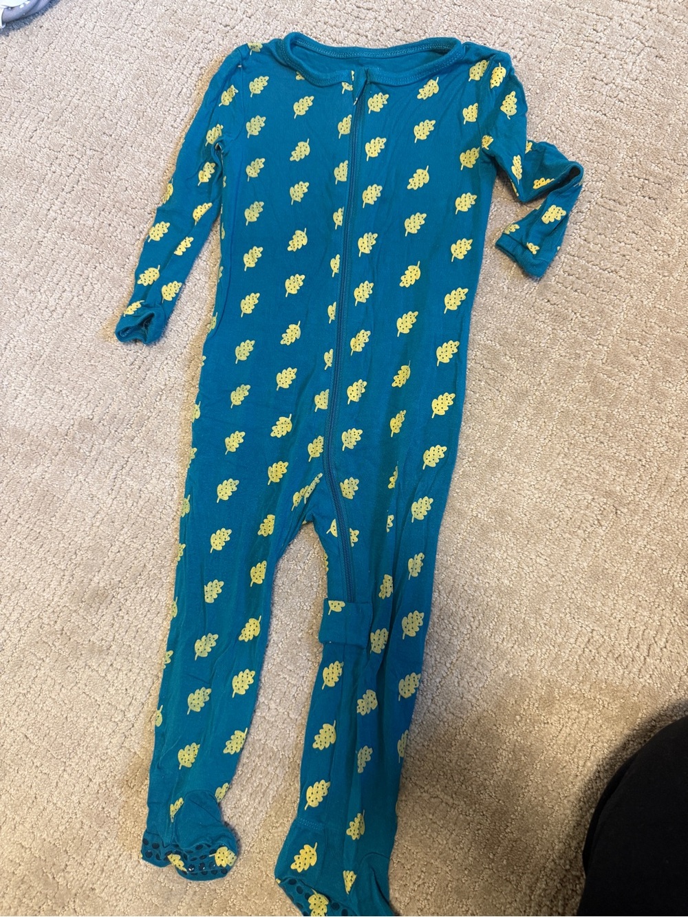 Bamboo Teal Kids One-Piece Footed Pajamas with Yellow leaves Print